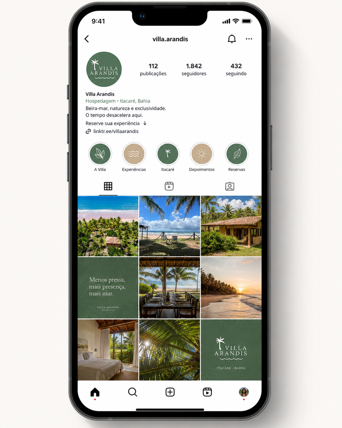 Perfil e feed da Villa Arandis no Instagram