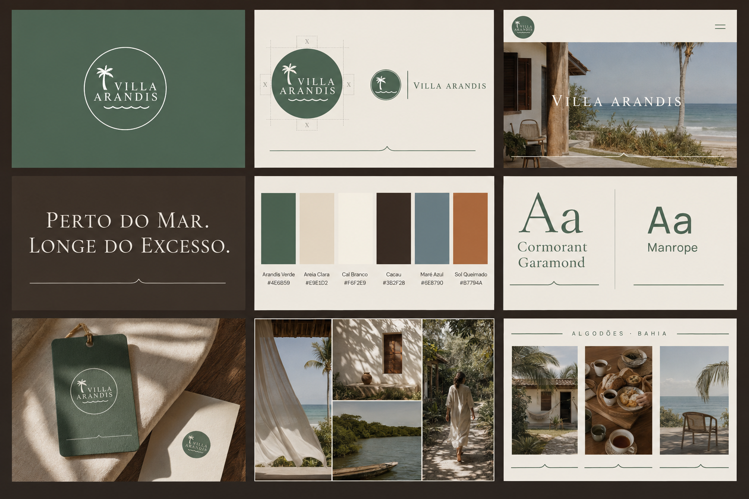 Brand Kit completo da Villa Arandis com logotipo, paleta, tipografia e aplicações